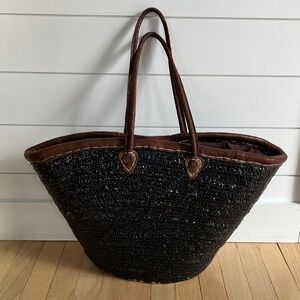 Anthropologie Monserrat De Lucca Black Straw sequin Tote with Brown Leather Trim